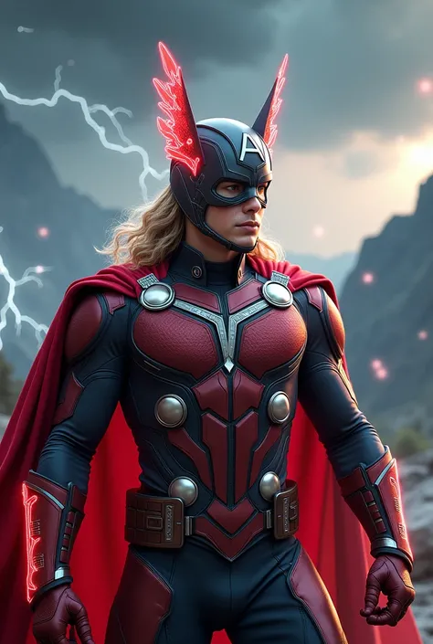 "Design a hybrid superhero combining the Norse god Thor with captain america. The character should wear a sleek, red vibranium suit with glowing Asgardian runes etched into it. His helmet combines Thor’s winged design with captain america’s feline ears. He...