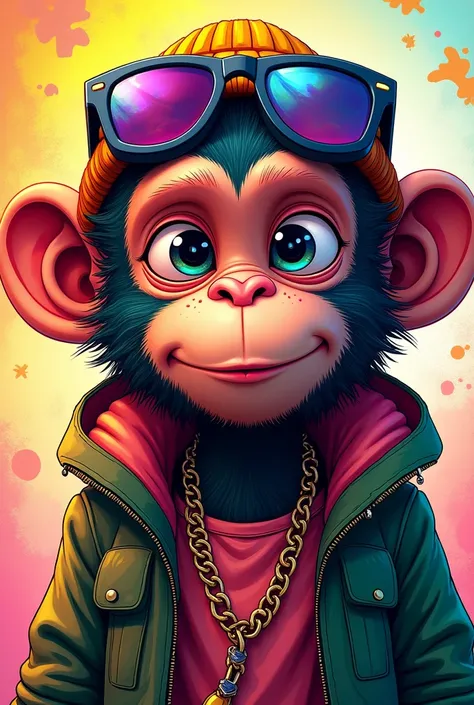 "Create a digital artwork of a playful, animated monkey with a quirky personality, showcasing unique details and accessories. The monkey should have expressive, large eyes and a mischievous grin, with colorful, abstract background patterns. Dress the monke...