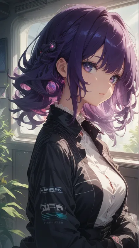 A mysterious anime girl with long, dark violet hair cascading down her back, dressed in a sleek black buttoned shirt with subtle red piping and a high-tech collar that glows faintly. add light on face to highlight She stands in a relaxed pose, leaning agai...