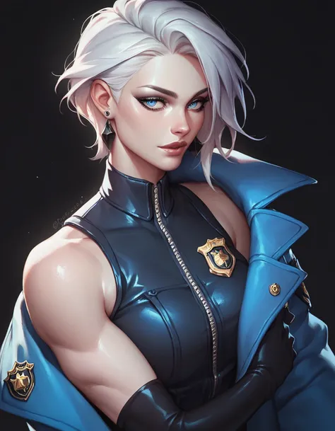 female black sleeveless police coat and jacket with bare shoulders and racerback, long gloves, toned arms, beautiful faces, long black colored hair, black earrings, soft smooth skin, pale skin, black background, blue eyes, sci-fi