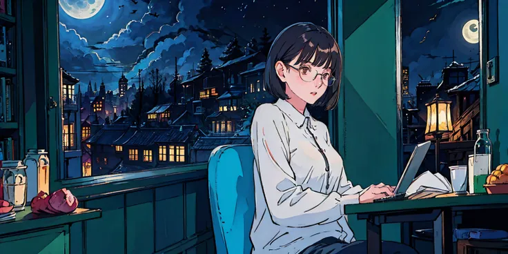 Girl, dark hair, glasses, short hair, headphones, beautiful woman in her 20s, sitting by window with beautiful moonlight, facing computer。