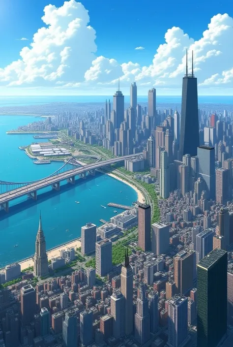 Helzberg, a city resembling a combination of New York City and Chicago, full of large buildings and a massive population, there’s a seaport that cuts it off from the next city, using a bridge to connect them, anime art style.