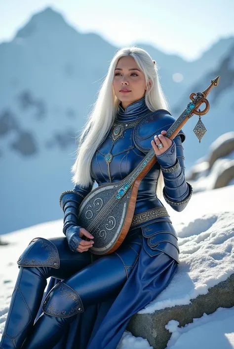 A woman with long, flowing white hair sits gracefully on a snow-covered rock in a serene winter mountain landscape, plucking the strings of an exquisitely crafted lyre. Her expression is peaceful and introspective, lost in the melody. She wears a full suit...