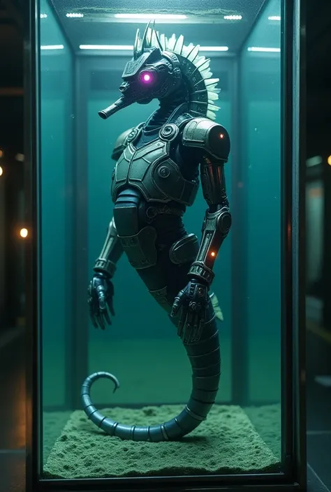 a cybernetic seahorse sleeping ((( standing up in a glass tank filled with hazy and very murky bubbly water ))) ((((( in a space ship cargo bay ))))), (((( futuristic chromatic samourai armor with led tech lighting )))), ((((((( cyber sci fi  helmet and ma...