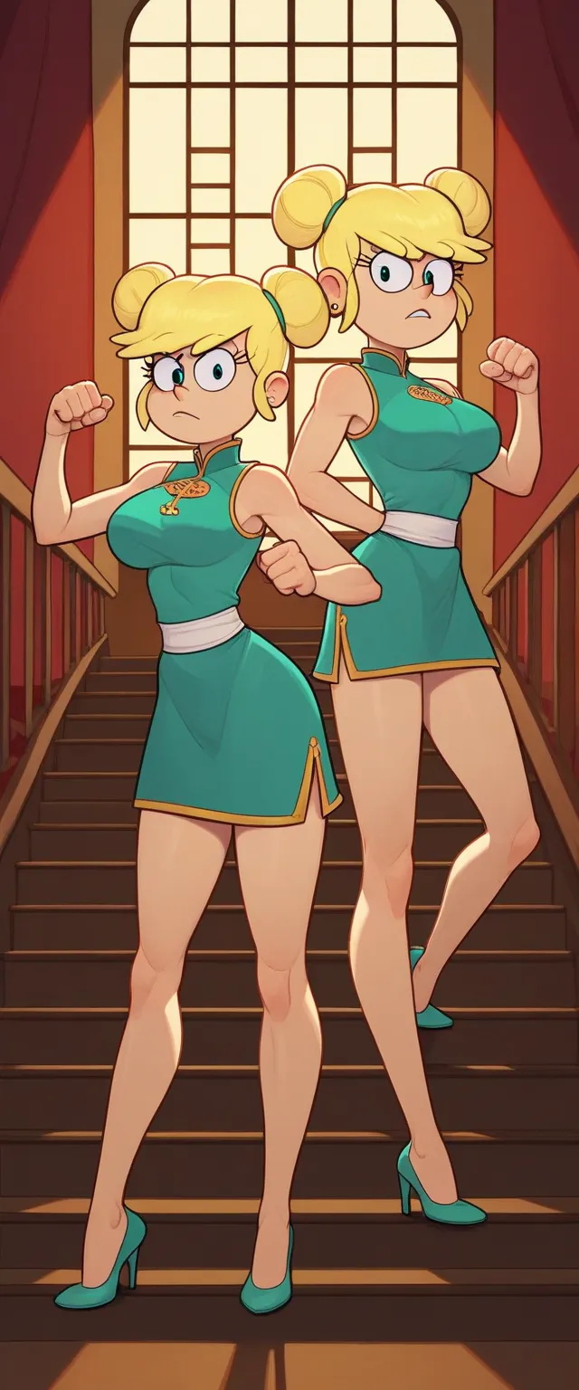 leni loud, 2girl, duo, 24yo girl, large breasts, green cheongsam,  inside of a chinese temple, looking at viewer, blonde hair, two hair buns , hands  score_9, score_8_up, score_7_up, high heels, teep fighting stance,martial arts, stairs behind her, guardin...