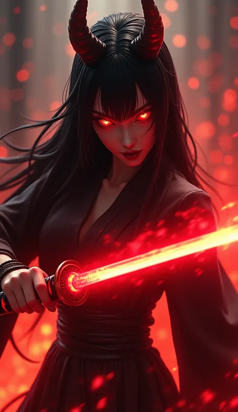 The katana is raised 、 a female devil who is ready to attack ,  glowing eyes, Japanese Devil, Long straight black hair,  glowing eyes,  a small magical aura ,  the sword is shining red ,  there is a fire effect around the devil