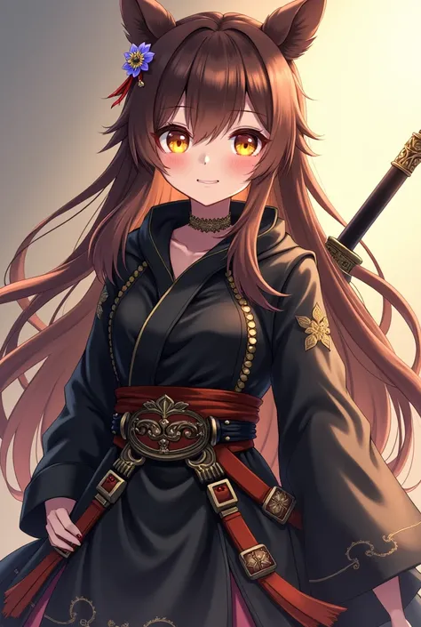 Beautiful cute anime warrior girl with golden glowing eyes and one sword  and black clothes
Moder worrior black clothing amd cute smile HD, Simple background, full body pose not sexy pose
And no sexy clothes and no Japaness clothes
Or style give her some u...