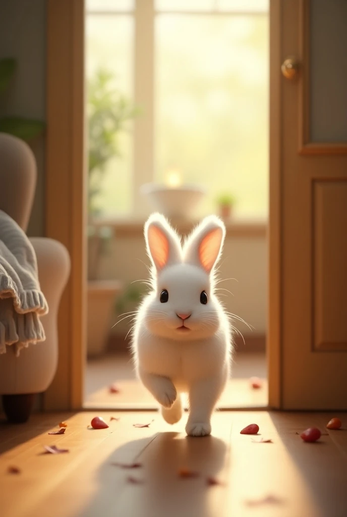 A vivid image of a white cute rabbit having enter into the house for searching food.
