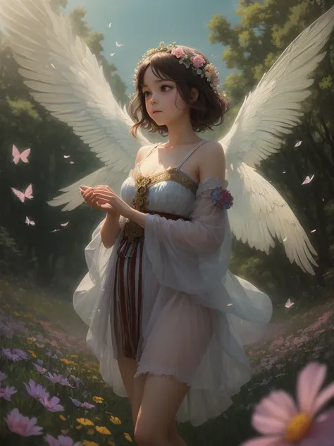 On a sunny meadow, a mischievous Goddess Descends , Governs eros and fertility , (flying) , Hairy, Short stature , round face , Flower field, petals fluttering, fluffy transparent clothes , spread your wings and fly away , Scapula , raccoon dog
, ( soft fo...