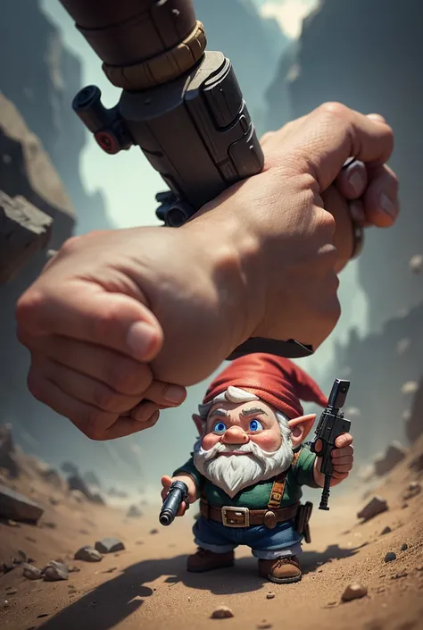 A small gnome man with insane absurd powers shooting a gun.