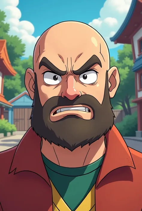 Homme sans cheveux avec barbe frustré en cartoon style pokemon 