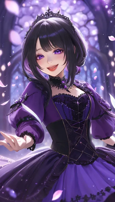 (masterpiece:1.2),(4K), High Quality ,( 1 girl), flat chest,Long black hair,Beautiful detailed purple eyes,smile, open your mouth , in the fantastic beauty of purple moonlight ,  Elegant Gothic Princess , Black and purple outfit, fantasy costume,Bokeh, A g...