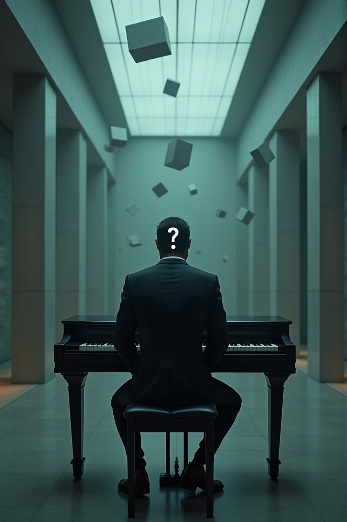 a man in a formal suit, wearing a mask covering his face with a question mark in the middle, is sitting playing the piano, with moonlight shining on him. the surrounding space is in the middle of an empty museum with floating cubes. magical space