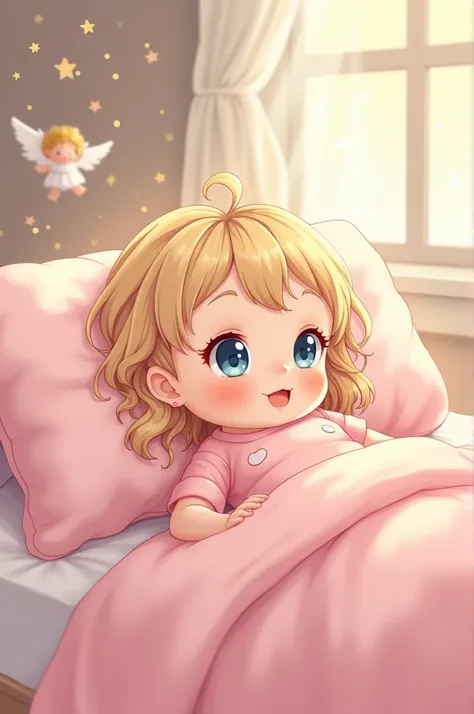 Anime illustration cute baby girl with pink romper in bed with angel doll background with glitter on it and blue eyes blonde hair 