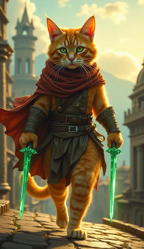 A ginger cat in a rogue warrior’s cloak, gripping two glowing green blades, walking steadily forward in broad daylight. It strides across the rooftops of a medieval city, with the sun illuminating the tiles beneath its feet.