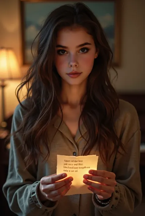 "A young woman, Mia Harper, with long, slightly wavy dark brown hair and honey-colored eyes, standing in a softly lit room. She is holding a small piece of paper delicately in her hands, her expression a mix of anxiety and excitement. The paper is slightly...