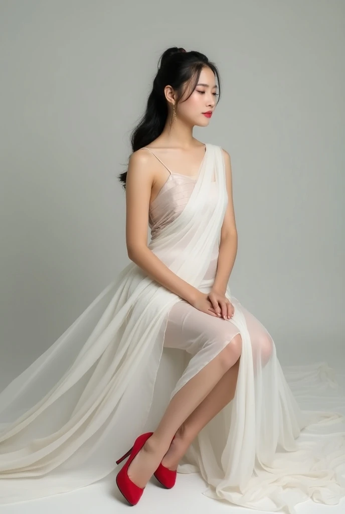 A 20-year-old Burmese girl, wearing a long silver-white Burmese dress and red high-heeled shoes, sat elegantly with her hair in a ponytail.Award for the best photo shoot