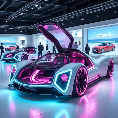  Exhibition at the Autopark Store Customers walk around looking at Cars of the Future fly without wheels with neon rims and diamond-shaped doors that open, beautiful transparent windows showing a leather interior and a figure-eight steering wheel ,  beauti...