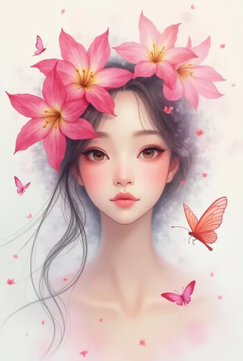   A beautiful modern flower orchid with a gentle expression , 被許多Butterfly包圍著和Flowers,  as they rotate,smoke. Her , Gaze ahead.  in a watercolor style ,  using soft brushstrokes and transparent colors ,  image with overlapping colors facing the front .  Th...