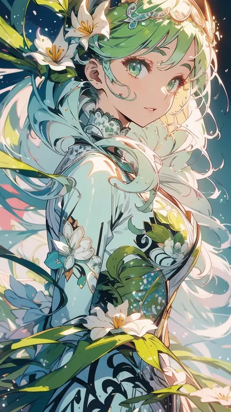  Hi-Res, Lilies with green background ,  white dress, Costumes with intricate patterns, Delicate and detailed depiction、 green long wave hair、Green Eyes、solo, 