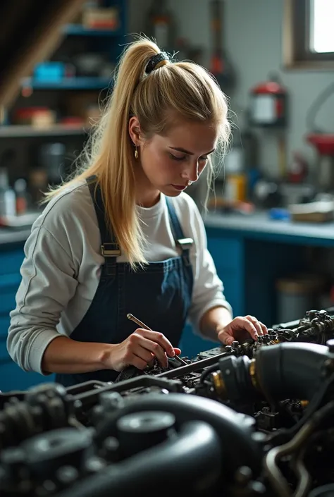 Create an AI female mechanic with long hair blonde who repairs a car 