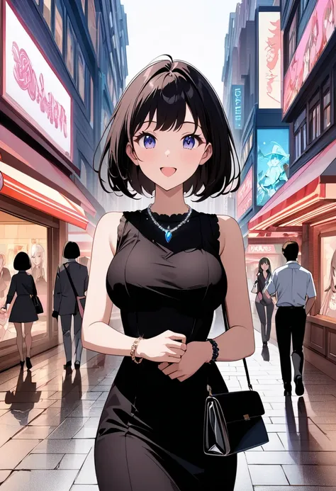 Best Quality、Ultra-precision、Detailed drawing、 vibrant colors、Beautiful girl 、Age 30、Woman walking in the city、Neon Signs、 black business suit 、blouse、Skin gloss、Beautiful big boobs、Beautiful figure、Quick bob cut、 handbag 、A very ecstatic smile、 slender fi...