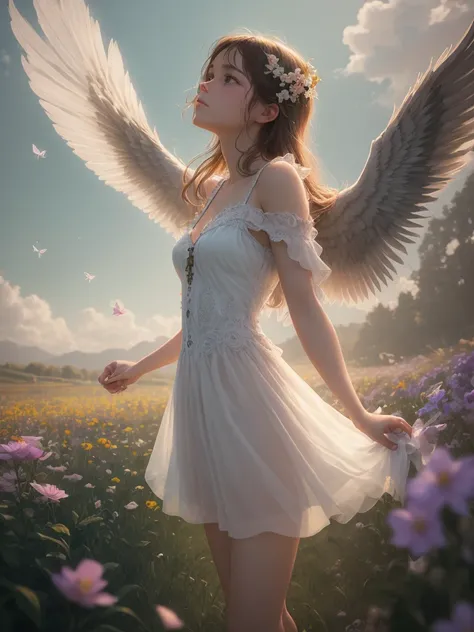 On a sunny meadow, a mischievous Goddess Descends , Governs eros and fertility , (flying) , Hairy, Short stature , round face , Flower field, petals fluttering, fluffy transparent clothes , spread your wings and fly away , Scapula , raccoon dog
, ( soft fo...