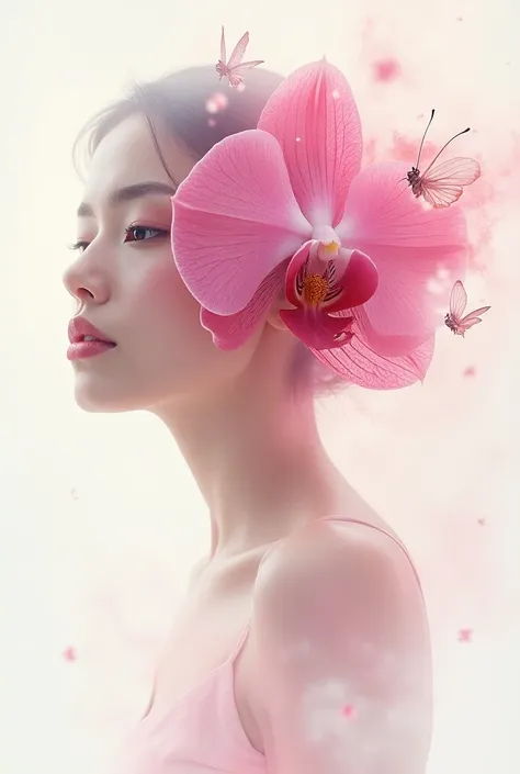   A beautiful modern flower orchid with a gentle expression , 被許多Butterfly包圍著,  as they rotate,smoke. Her , Gaze ahead.  in a watercolor style ,  using soft brushstrokes and transparent colors ,  image with overlapping colors facing the front .  The fusion...