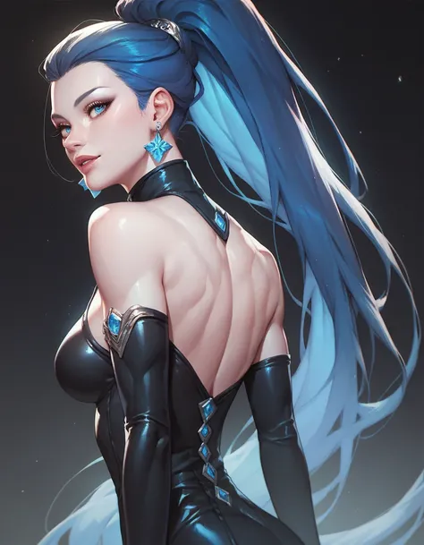 female black sleeveless catsuit with bare shoulders and racerback, long gloves, toned arms, beautiful faces, long black colored ponytail with showing forehead, blue earrings, soft smooth skin, pale skin, black background, blue eyes, sci-fi