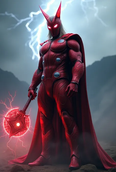 "Design a hybrid superhero combining the Norse god Thor with vision. The character should wear a sleek, red vibranium suit with glowing Asgardian runes etched into it. His helmet combines Thor’s winged design with bisions feline ears. He wields a vibranium...