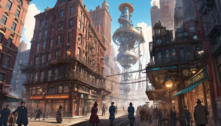   Its set in a bustling city in 1895  ,   theres a group of scientists working on  .   The streets are full of colorful neon lights and towering buildings made of steel and glass .   The street has people in elaborate Victorian clothes 々 and drawbridges  ,...