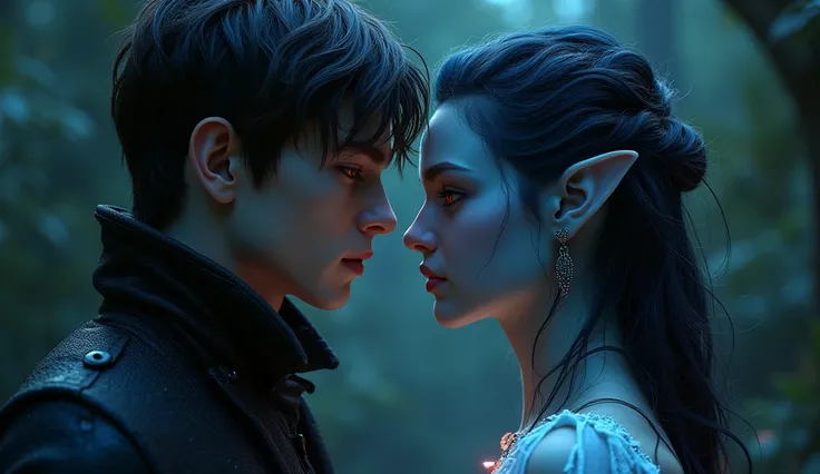 a beautiful handsome young human man with short wavy hair and red eyes. He is vampire. With a alien blue girl with long hair. brown eyes dark background. 