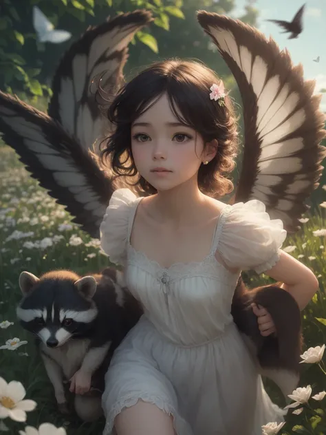 On a sunny meadow, a mischievous Goddess Descends , Governs eros and fertility , (flying) , Hairy, Short stature , round face , Flower field, petals fluttering, fluffy transparent clothes , spread your wings and fly away , Scapula , raccoon dog
, ( soft fo...