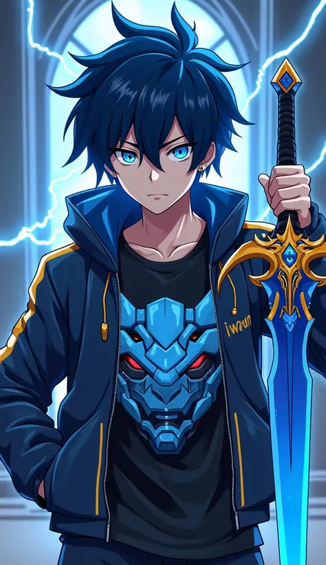 anime boy, cool guy, upper body, black and blue hair, blue eyes, black mecha t-shirt that says "IRWAN" light blue roboto type, dark blue mecha jacket with gold stripes, serious expression, looking at the audience, colored dragon mecha blue, gold blue techn...