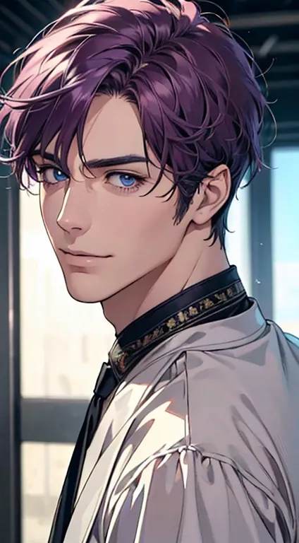 (best quality,4k,8k,highres,masterpiece:1.2),ultra-detailed,(realistic,photorealistic,photo-realistic:1.37),1 man,31 years old,mature man,very handsome,without expression,smile,short purple hair,blue eyes,penetrating gaze,perfect face without errors,imposi...