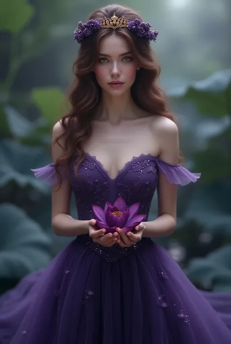 A princess in a purple dress with brown hair and eyes touching a black lotus flower 