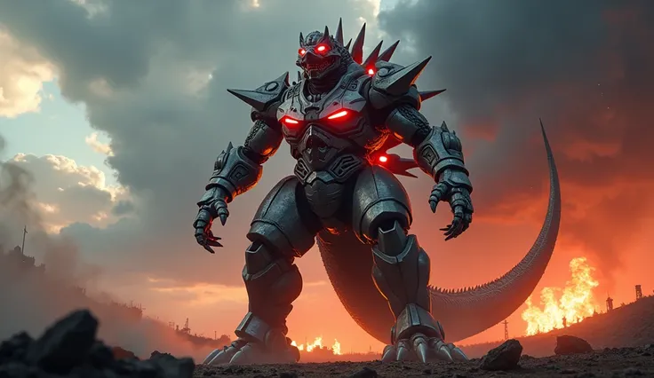 A hyper-realistic, high-definition portrait of Mechagodzilla standing tall and looking directly at the viewer with a fierce, intimidating gaze. Its colossal, armored body is made of sharp, polished metal plates with intricate designs, reflecting light from...