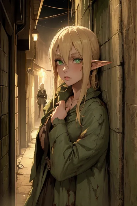 a tall worried blonde homeless elf teen, detailed green eyes, beautiful detailed lips, slightly revealing tattered dirty clothes,night scene,dark alley,staring into camera,dramatic lighting