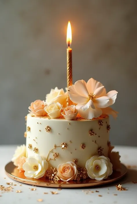 there is a birthday  ivory and copper  with a candle and flowers on it,  pastel decorations inspired by Serhii Vasylkovsky  , tumblr,  baroque , Yummy , birthday  ivory and copper ,  ivory and copper  art,  cake ,  ivory and copper  sculpture,  happy birth...