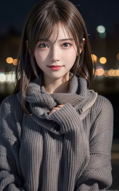  1 Japanese Girl ,( dark gray sweater :1.4),( A 19-year-old girl with a large scarf wrapped around her neck :1.2), ( RAW Photos, Best Quality), (Realistic,  photorealistic:1.4), masterpiece,   very delicate and beautiful ,  Extremely detailed, 8k wallpaper...