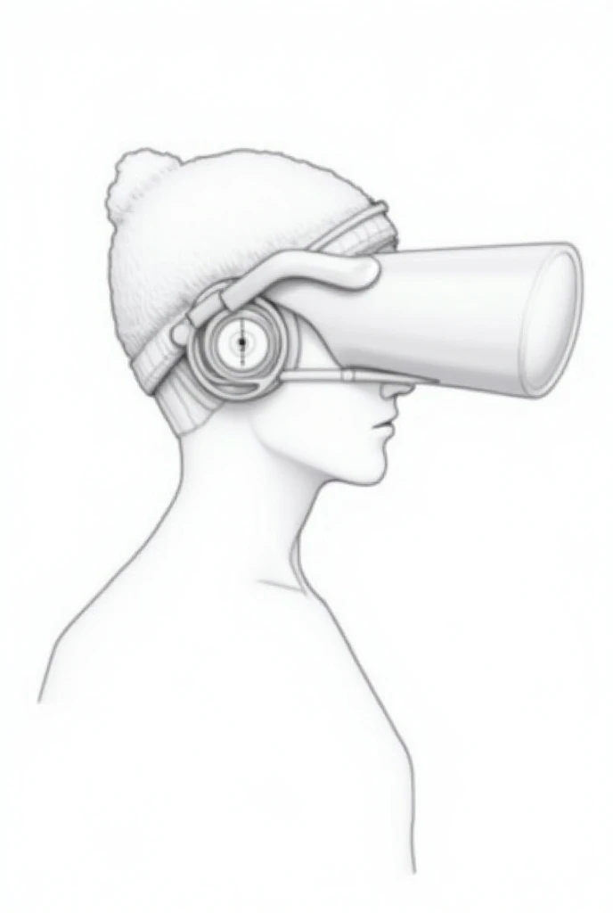 Sketch of a unique concentration headset made from recycled plastic. Profile view:
Covers the back of the head like a beanie
Molded ear protectors, slightly away from the face
Large, elongated visor extending 33 cm (13 inches) from the face
Visor covers en...