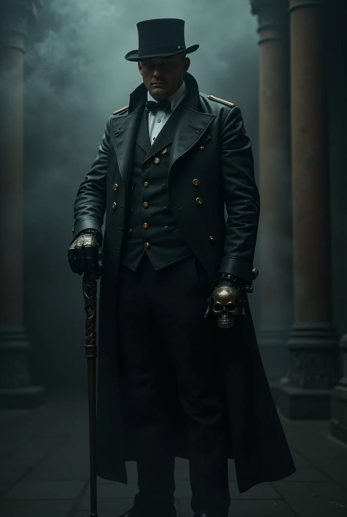 A mysterious man, Lord Absolem Grey, stands in a dark, Victorian setting, wearing an old-fashioned suit with leather and gear details. , reflects a ghostly light. He holds a cane with a bronze skull on the end and peers intently, as if he knows dark secret...