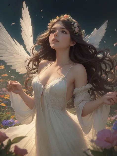 On a sunny meadow, a mischievous Goddess Descends , Governs eros and fertility , (flying) , Hairy, Short stature , round face , Flower field, petals fluttering, fluffy transparent clothes , spread your wings and fly away , Scapula , Hattie
, ( soft focus ,...