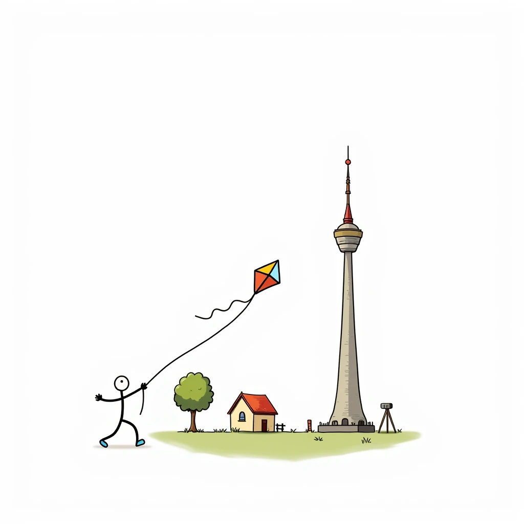  white background ， stick figure，The stickman is flying a kite ， a small house next to a tree， a bronze tripod in the yard ， There is a five-story tower in the distance 