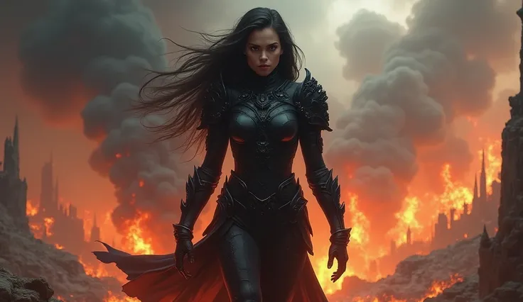 girl in scary black armor smiles angrily , hovers in the air above the burning world