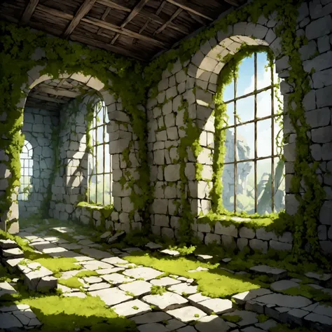 a detailed old ruins room, dilapidated crumbling stone walls, light streaming through broken walls, moss and vines covering the floor and walls, 
