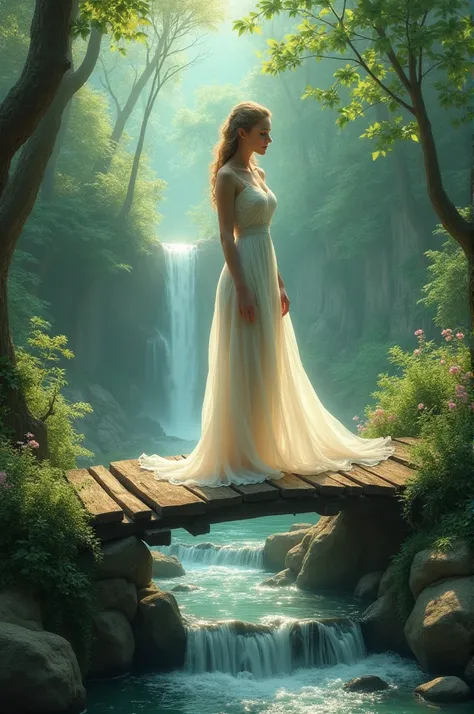  a beautiful woman standing on a wooden bridge in the forest, there are small streams and waterfalls 