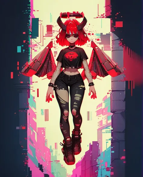 score_9. score_8_up, score_7_up, score_6_up, score_5_up, score_4_up, 1girl, red hair, curvy, gothic, g0th1cPXL, glowing, full body, city, neon, fishnets, cyberwings, (glitch:1.2), torn clothes, horns, halo, 