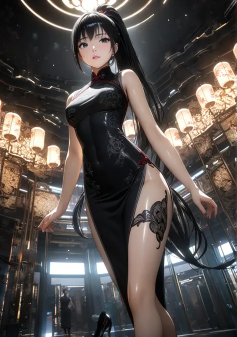  1 girl, Game CG, (( masterpiece, masterpiece, 8k,  high definition)), 
 photo taken from below , Contrapposto,  full body shown, Details of the , 
 is staring at viewers, 
( android , clear metaric black long Chinese dress with scarlet and dark gray trim,...