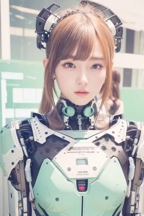 masterpiece, best quality, extremely detailed,portrait,upper body,front view,Japaese android girl,Plump, control panels,android,Droid,Mechanical Hand, Robot arms and legs,Blunt bangs,long tube,thick cable connected her neck,